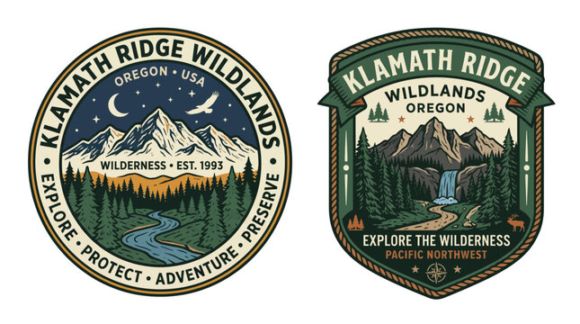 Klamath Ridge Wildlands Oregon vintage emblem badge patch set. Retro vector illustration with mountain, forest, river landscape. Pacific Northwest outdoor adventure design for apparel.
