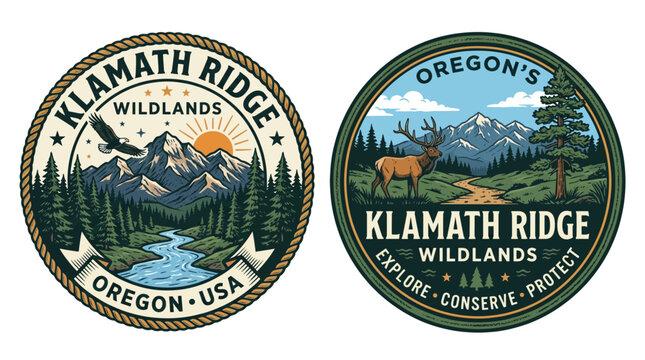 Klamath Ridge Wildlands Oregon vintage emblem badge patch set. Retro vector illustration with mountain, forest, river landscape. Pacific Northwest outdoor adventure design for apparel.