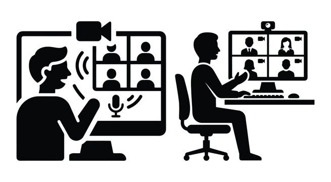 Video Conference Illustration With Presenter And Participants Black Silhouette Style