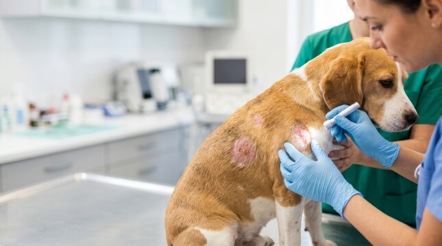 Veterinarian examining a dog's red, irritated skin patch with tweezers during a veterinary check-up
