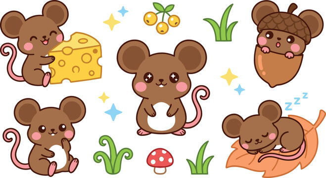 Cute Kawaii Field Mouse Character Sticker Set Featuring Brown Mice with Cheese Yellow Berries Acorn Shell Sleeping Autumn Leaf and Forest Elements