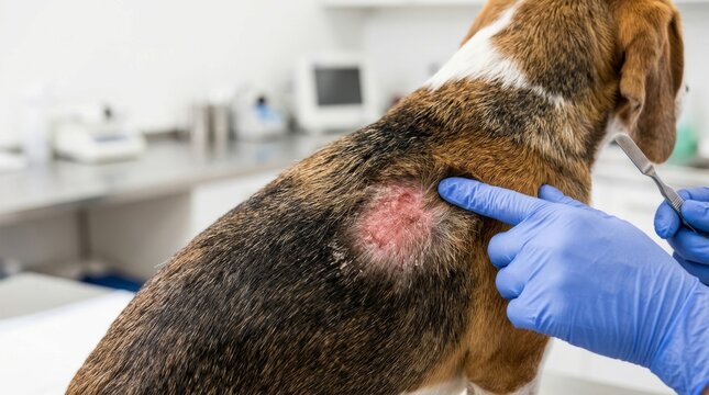 Veterinarian examining a dog's red, irritated skin patch with tweezers during a veterinary check-up