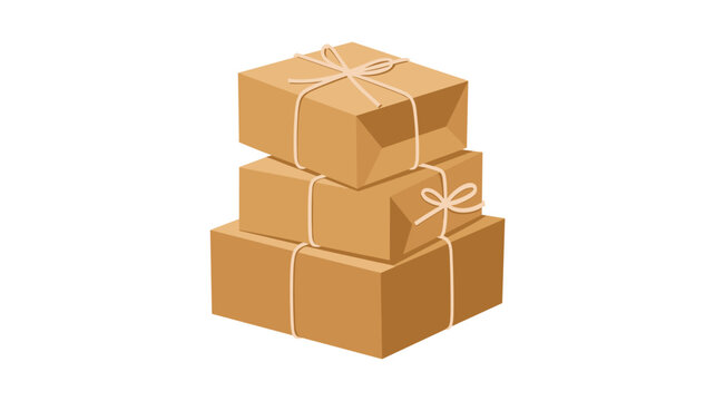 Stack of three brown cardboard boxes tied together with decorative twine, isolated on a clean white background for shipping and delivery concepts.