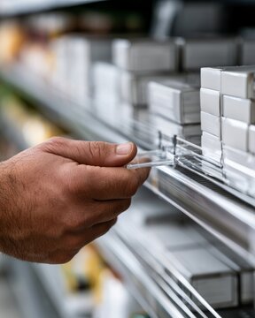 Hand Clipping Clear Shelf Spacer on Retail Shelf Rail with Product Boxes