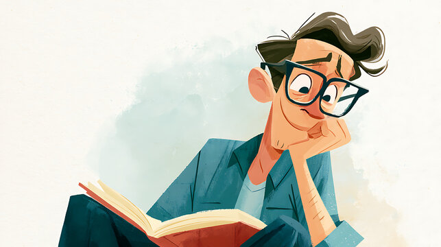 Close-up of a Thoughtful Cartoon Educator Reading a Book with a Smile