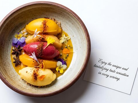 A visually appealing dessert featuring colorful sorbets and fruit in a rustic bowl, with a card offering a tasting sensation