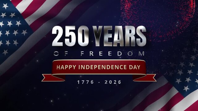 250 Years of Freedom metallic silver text, Independence Day ribbon, waving USA flag, fireworks and glowing particles celebrating the 1776&ndash;2026 milestone. 250th anniversary of USA concept.