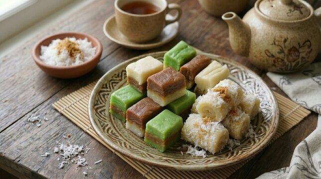 An assortment of traditional Indonesian jajan pasar sweets including double layer kue talam and shredded coconut getuk gulung rolls on a ceramic plate served with a hot tea set.