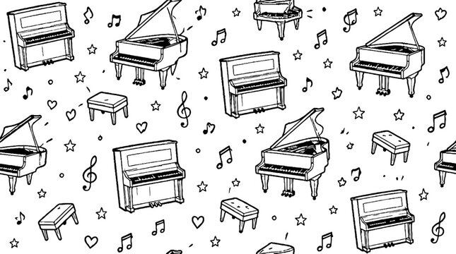 Black and white piano and music notes pattern.