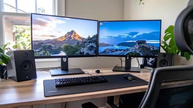Modern home office setup with dual monitors.