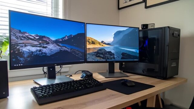 Modern computer workstation with dual monitors.