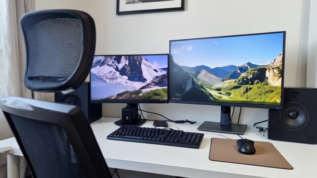 Modern home office setup with dual monitors.
