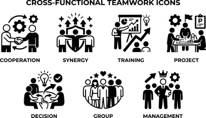 Fototapeta premium Cross functional teamwork icon set: cooperation, synergy, training, project, decision, group, and management solid vector icons for business collaboration