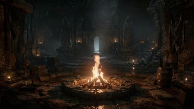 Dark fantasy dungeon interior with campfire in ancient underground ruins HD