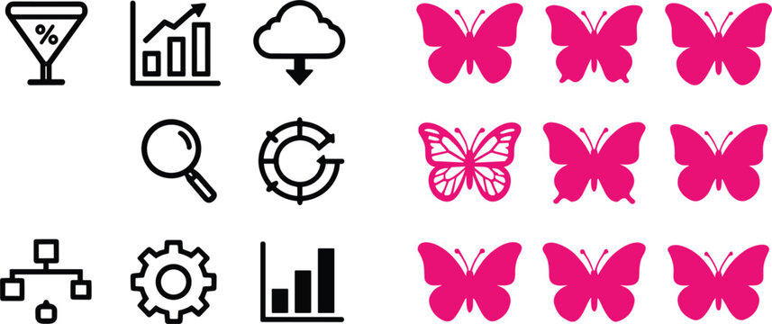 Business data analytics outline icons set featuring bar chart cloud funnel gear and decorative pink butterfly silhouettes collection isolated vector