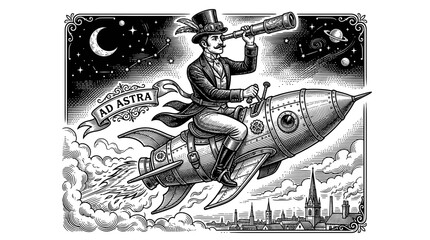 Victorian Gentleman Riding Rocketship to Stars, Retro Sci-Fi Illustration © budi