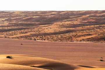 Fototapeta premium Offroad car driving in a wide desert landscape with sand dunes at sunset