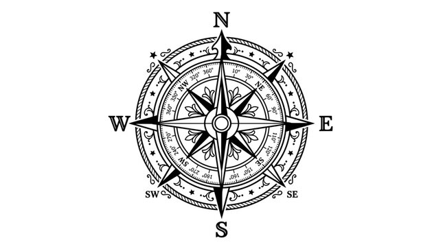 Vintage Compass Rose Nautical Navigation Tool - Graphic Element