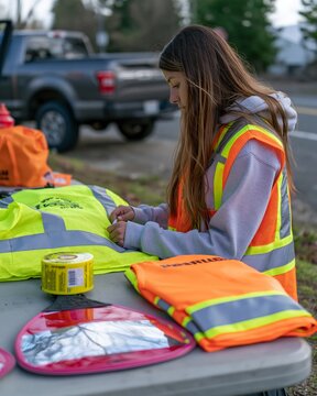 Supervisor Inspecting School Crossing Guard Safety Equipment at Table