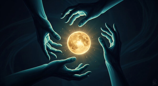 Four spectral hands reach towards a glowing orb, symbolizing connection, hope, and the cosmic dance of existence