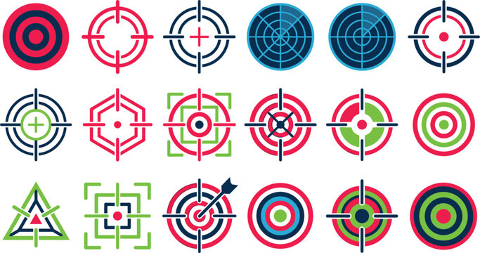Target and Crosshair Vector Icon Set Featuring Military Radar Reticles, Bullseye Concentric Circles, Sniper Scope Sights, and Arrow Dartboard Symbols