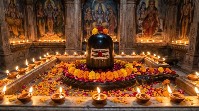 Sacred Lord Shiva Lingam Vector Illustration with Trishul and Damru - Hindu Spiritual Symbol for Maha Shivratri and Sawan Festival
