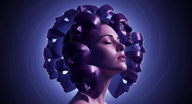 Portrait of a woman surrounded by masks, symbolizing identity exploration, inner self, and multiplicity of personality, representing introspection or psychological themes