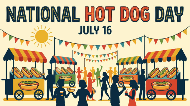 Street festival scene features multiple food carts serving hot dogs to a crowd of people under bunting flags.