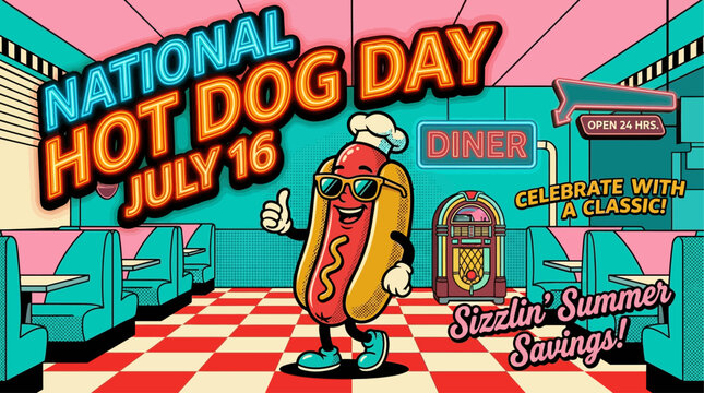 Hot dog character wearing a chef hat and sunglasses stands inside a retro diner to celebrate National Hot Dog Day.