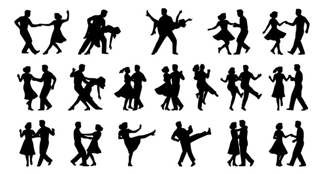 Vintage Swing Dance Couple Silhouettes Vector Set Black Retro Partner Dancing Collection on White Background