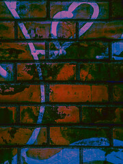 Fototapeta premium Psychedelic Dark Green Red Moody Exposed Brick Wall Wire Urban Decay Abstract Grunge Texture Background Industrial Atmospheric