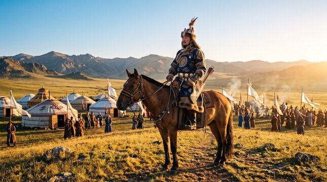 A Mongolian warrior in traditional blue and gold attire rides a horse across a grassy steppe landscape dotted with gers under a clear sky