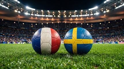 Obraz premium Soccer Balls with France and Sweden Flags on Stadium Grass Field Before Match
