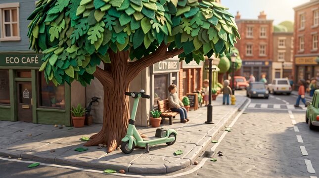 3D miniature diorama of a clay electric scooter next to a felt oak tree representing eco friendly urban micro mobility