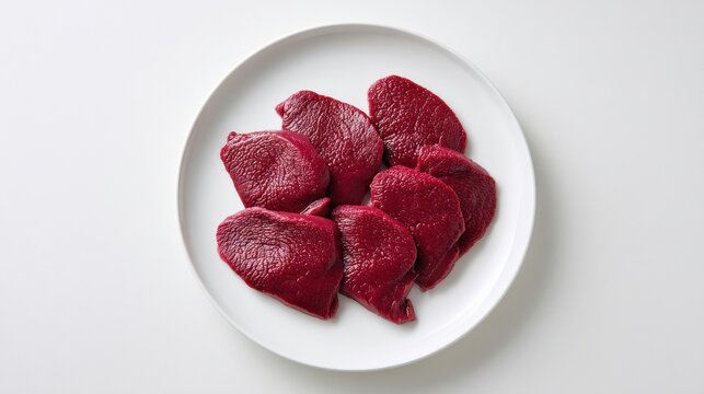 Fresh Raw Venison Steaks Prepared for Cooking on a White Plate Overhead View