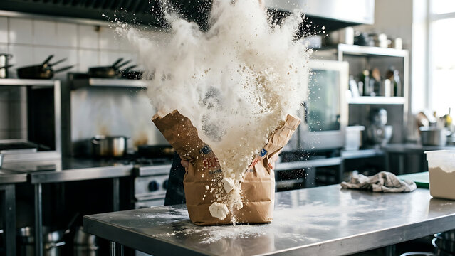 A paper bag of flour exploding and scattering white powder in a professional kitchen environment