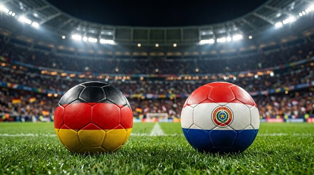 Soccer Balls with Germany and Paraguay Flags on Stadium Grass Field Before Match