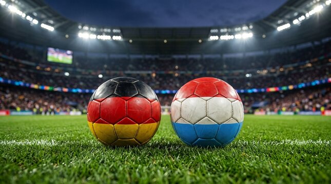 Soccer Balls with Germany and Paraguay Flags on Stadium Grass Field Before Match