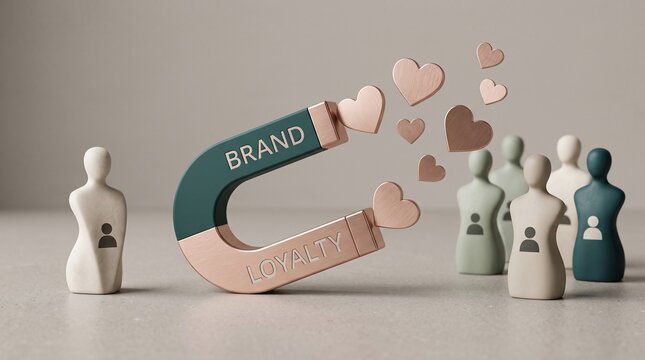 Brand loyalty magnet attracting customers concept with 3d figures and floating hearts representing emotional connection