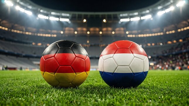 Soccer Balls with Germany and Paraguay Flags on Stadium Grass Field Before Match