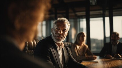 Obraz premium Experienced businessman in formal attire confidently engaging in a meeting with colleagues in a modern office setting