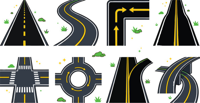 Asphalt Road and Highway Element Icon Set with Intersection, Roundabout, Overpass Bridge, Curved Lanes, and Street Markings Vector Illustration