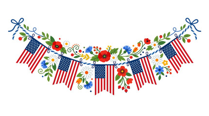 Fototapeta premium Patriotic banner, American flags, floral garland, 4th of July decoration, vector illustration