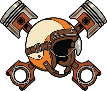 Vintage motorcycle helmet with crossed pistons flat vector illustration isolated on white