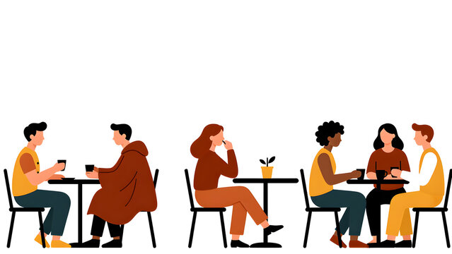 Flat vector illustration of diverse people sitting at cafe tables