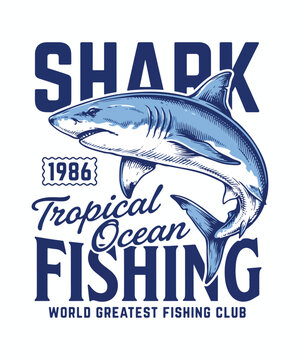 Shark fishing logo with tropical ocean graphic