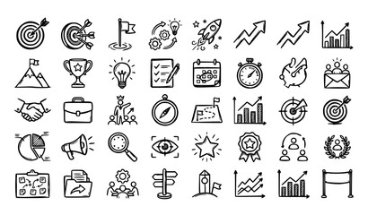 Fototapeta premium Hand Drawn Business Objective Doodle Icons with Success Target Goal Strategy and Achievement Vector Set