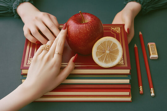 Red Apple and Lemon on Colorful Notebooks with Hands