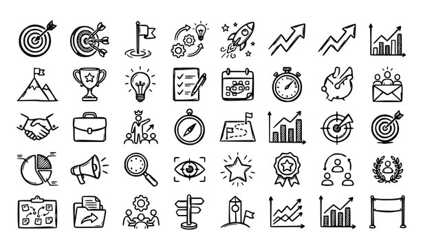 Hand Drawn Business Objective Doodle Icons with Success Target Goal Strategy and Achievement Vector Set