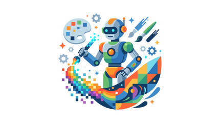 Naklejka premium AI robot artist creating vibrant digital pixel art to represent generative artificial intelligence creativity flat vector illustration